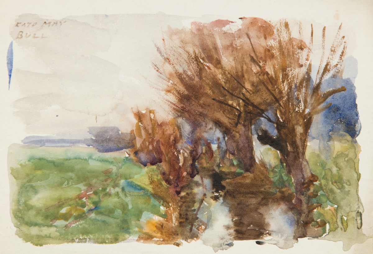 Sir George Clausen RA, Landscape with ditch and pollarded trees, late May
