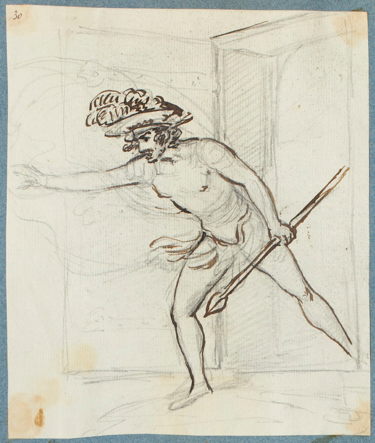George Dance RA, A man carrying a spear, probably Macbeth