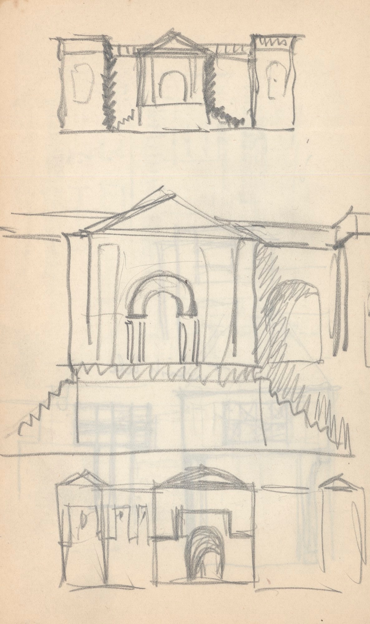 Sir Frank Brangwyn RA, Leaf from a sketchbook with drawings for the Kyoraku Art Museum, Tokyo