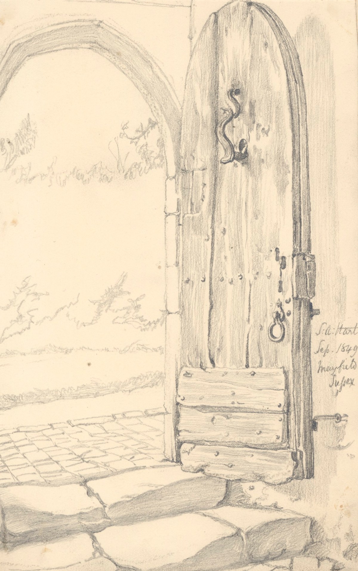 Solomon Alexander Hart RA, An open wooden door with a view to the exterior, at Mayfield, Sussex