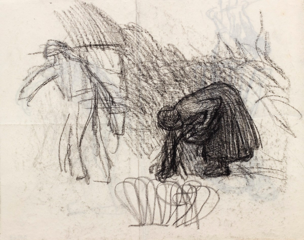 Sir George Clausen RA, Study of a stooping female figure and male figure relating to 'Allotment Gardens'