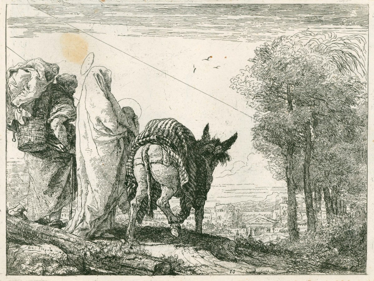 Giandomenico Tiepolo, The Flight into Egypt: Mary holding the Child in her arms and Joseph with the basket