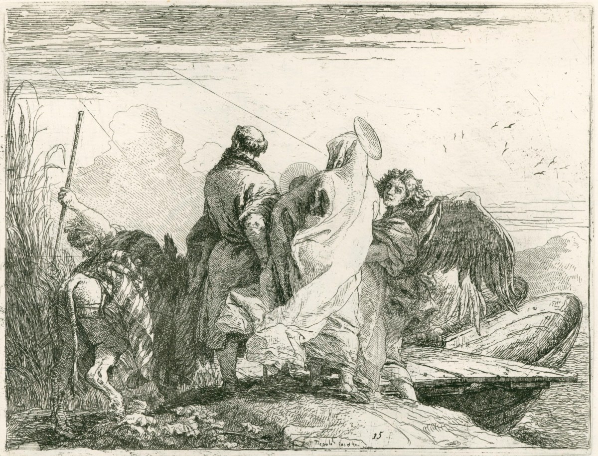 Giandomenico Tiepolo, The Flight into Egypt: The Holy Family stepping off the bank