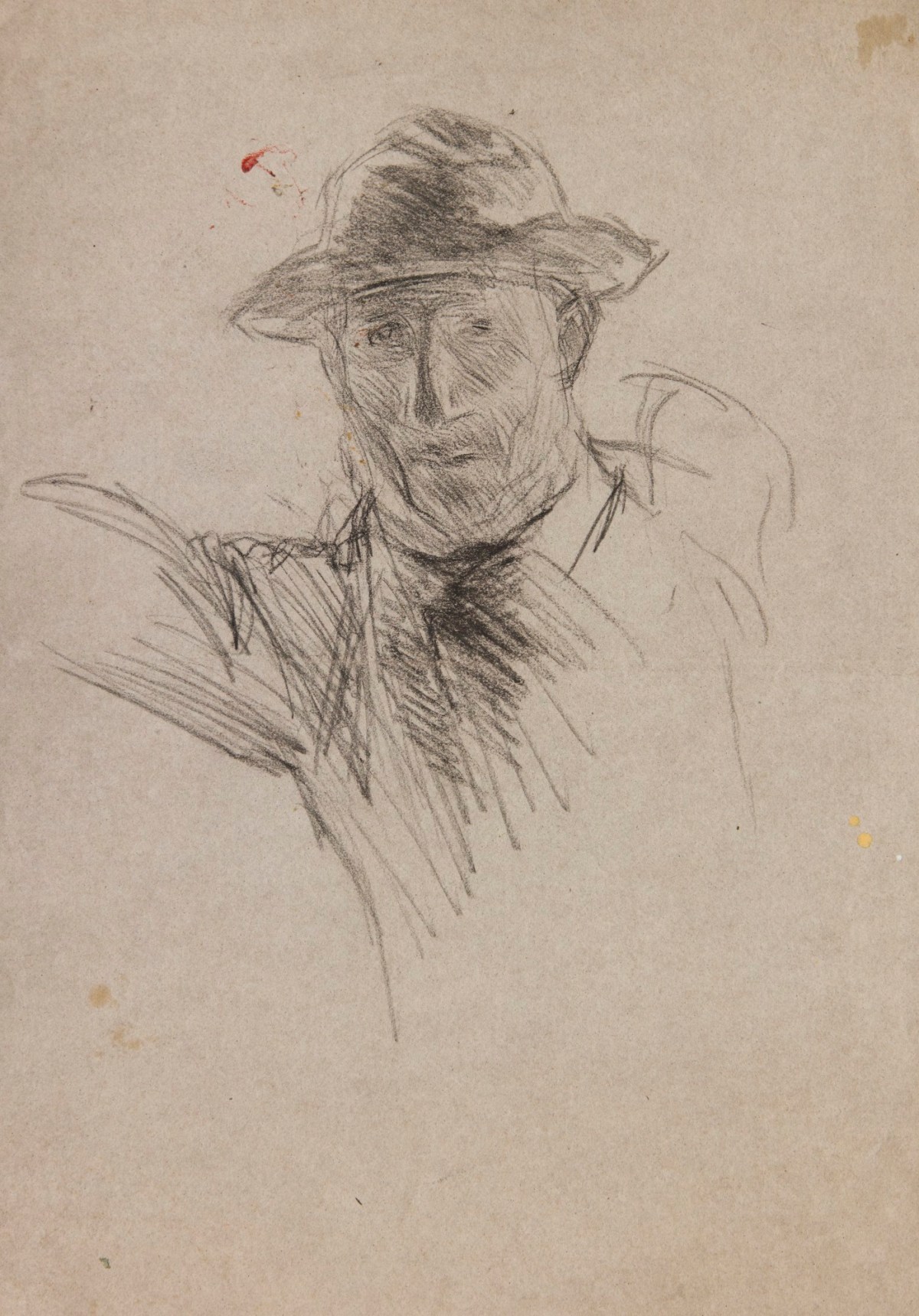 Sir George Clausen RA, Study of an old man with a beard and hat for 'The Haymakers'