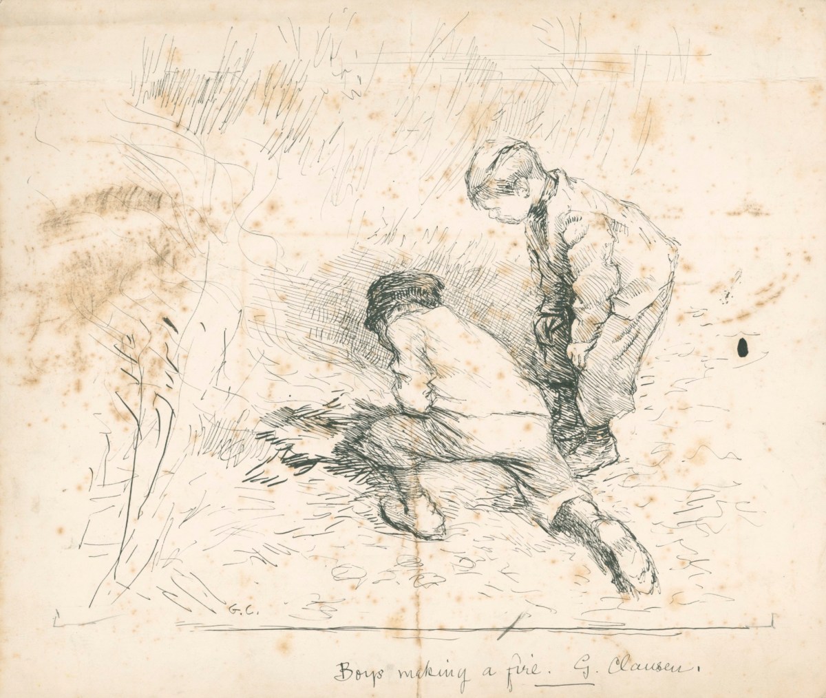 Sir George Clausen RA, Drawing after 'Boys Making a Fire'