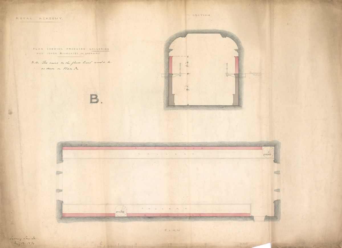 Sydney Smirke RA, Royal Academy, Plan shewing proposed galleries and upper bookcases in library