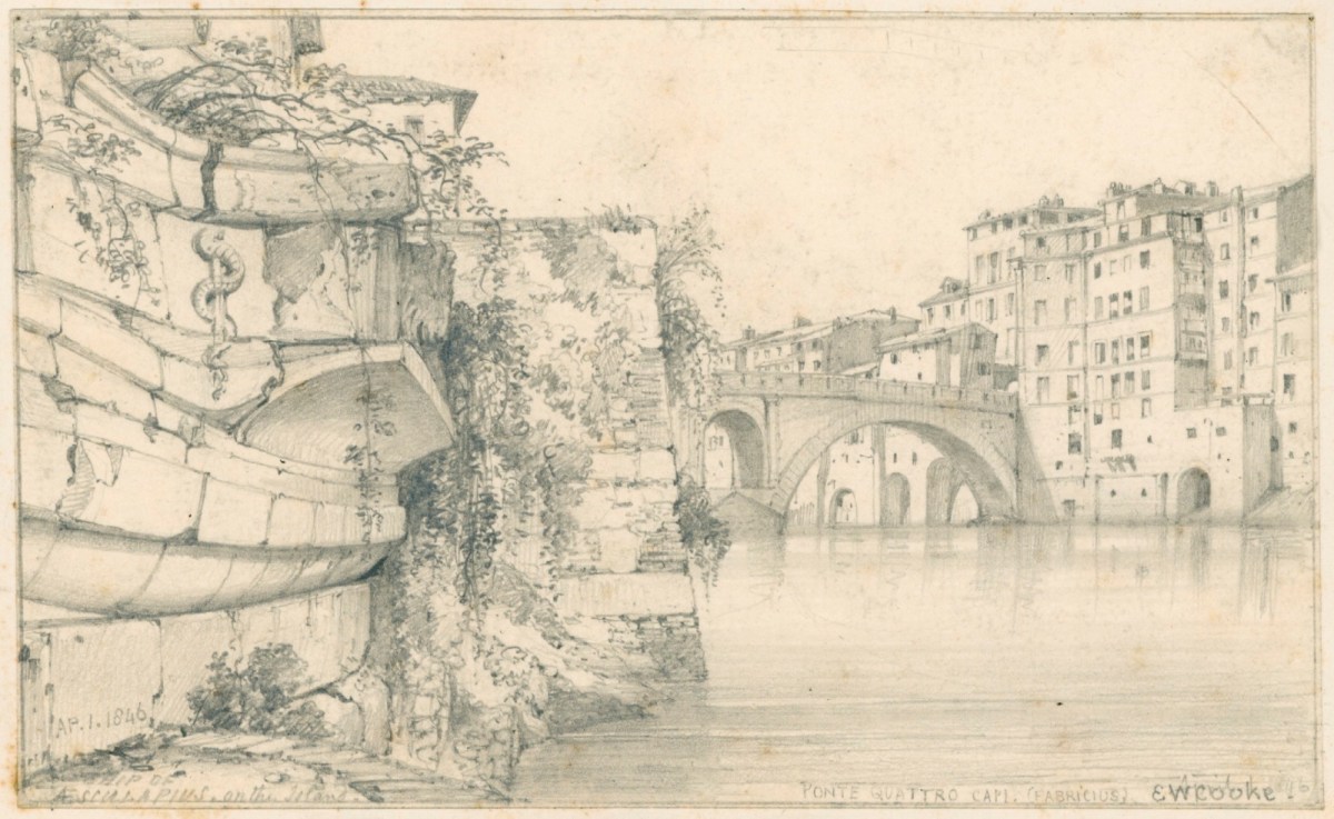 Edward William Cooke RA, The Ponte Quattro Capi from the Isola Tiberina, Rome