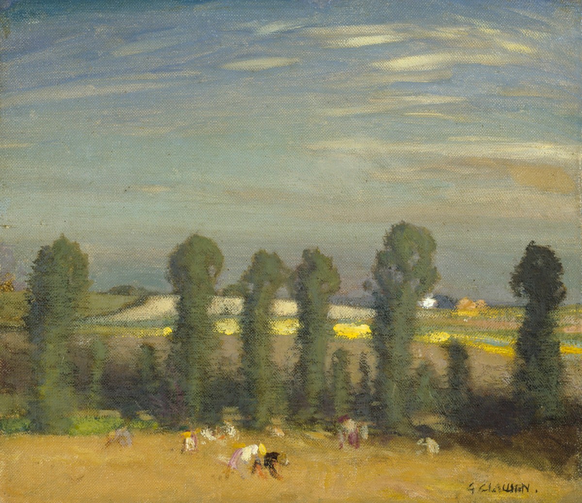 Sir George Clausen RA, Landscape with hayfield and poplars