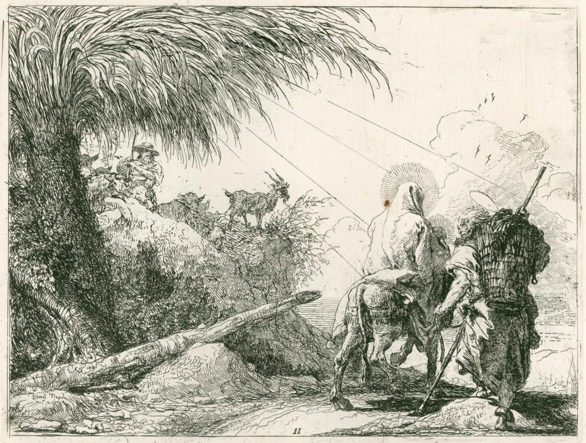 Giandomenico Tiepolo, The Flight into Egypt: Joseph and Mary passing a shepherd and his flock