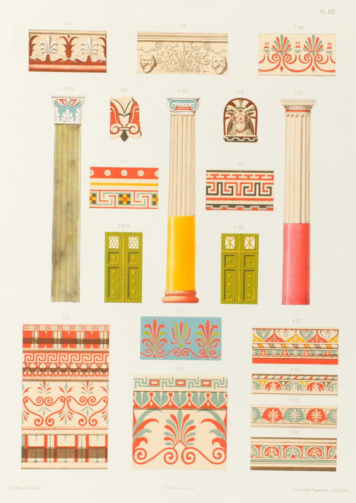 Jakob Ignaz Hittorff, Colonnes, pilastre, ornements, portes, cymaises, antéfixe et fragments de Pompéi, de la Sicile et de l'Étrurie