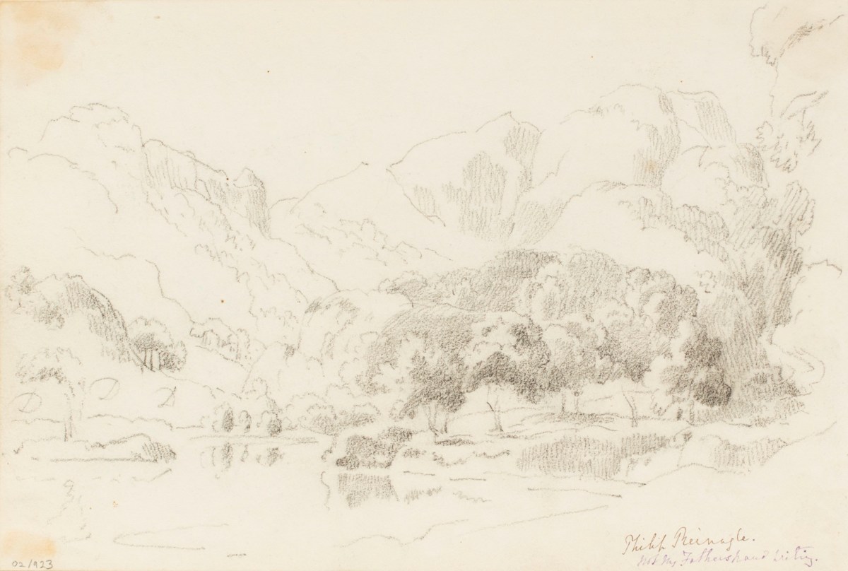 Philip Reinagle RA, Landscape with hills and valley and a lake or river