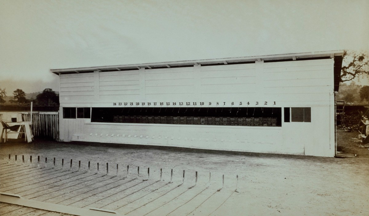 Eadweard Muybridge, The 'Operating Room' which housed a row of cameras facing the track.
