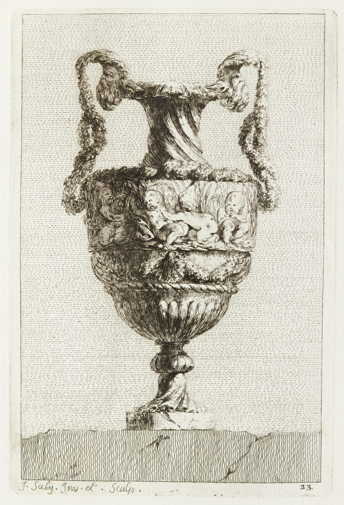 Jacques-François-Joseph Saly, Vase decorated with festoon handles and border of cupids playing.