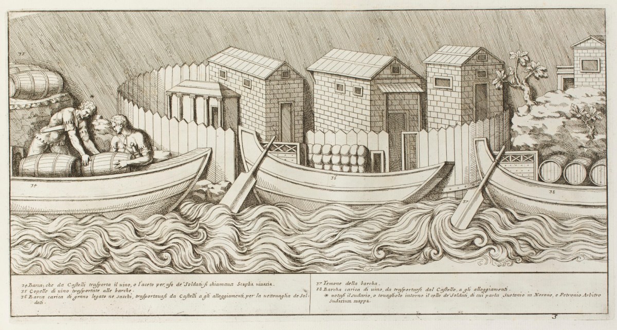 Pietro Santi Bartoli, Plate 3: 'Scapha vinaria', boats for transporting wine, oil and grain to the fortifications