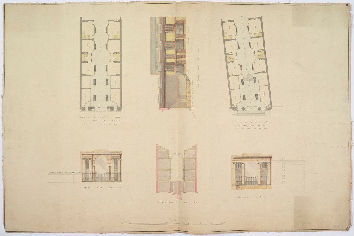 Samuel Ware, Design, unexecuted, for Burlington Arcade, Piccadilly, Westminster, London: plans, elevations and sections