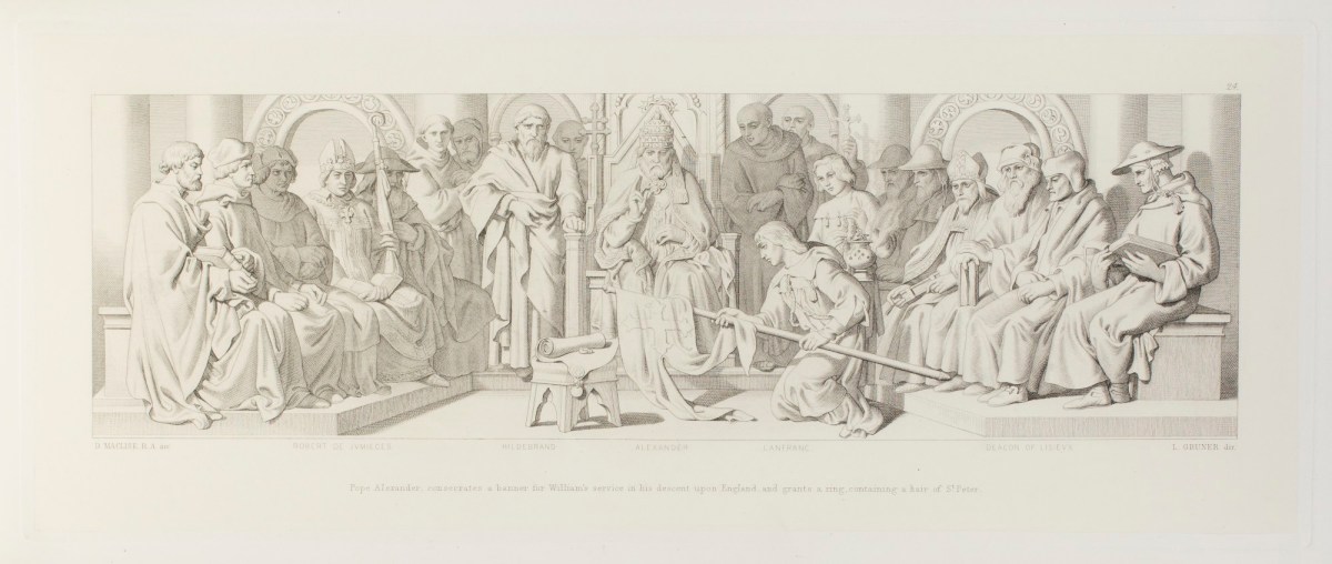Daniel Maclise RA, Pope Alexander, consecrates a banner for William's service in his descent upon England, and grants a ring, containing a hair of St. Peter