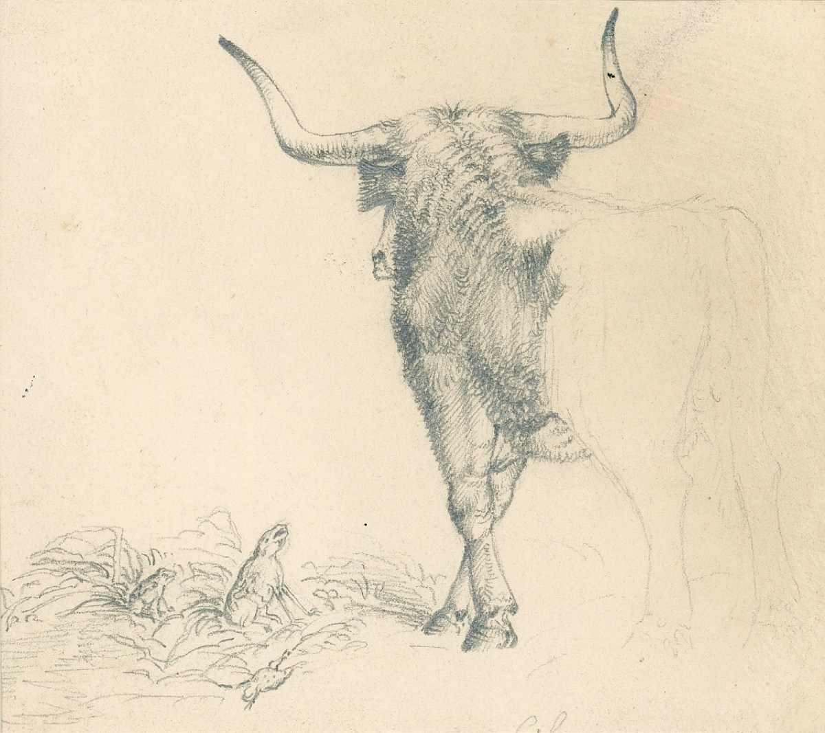 Sir Edwin Landseer RA, A horned cow or bull approaching two frogs