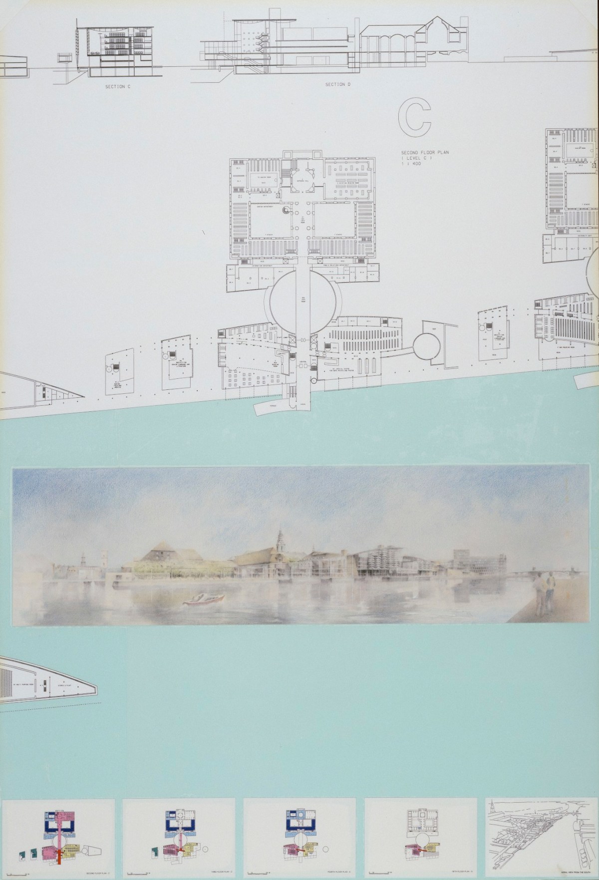 Paul Koralek RA, Competition design for the Royal Library, Copenhagen, Denmark: plans, elevations, sections and perspectives