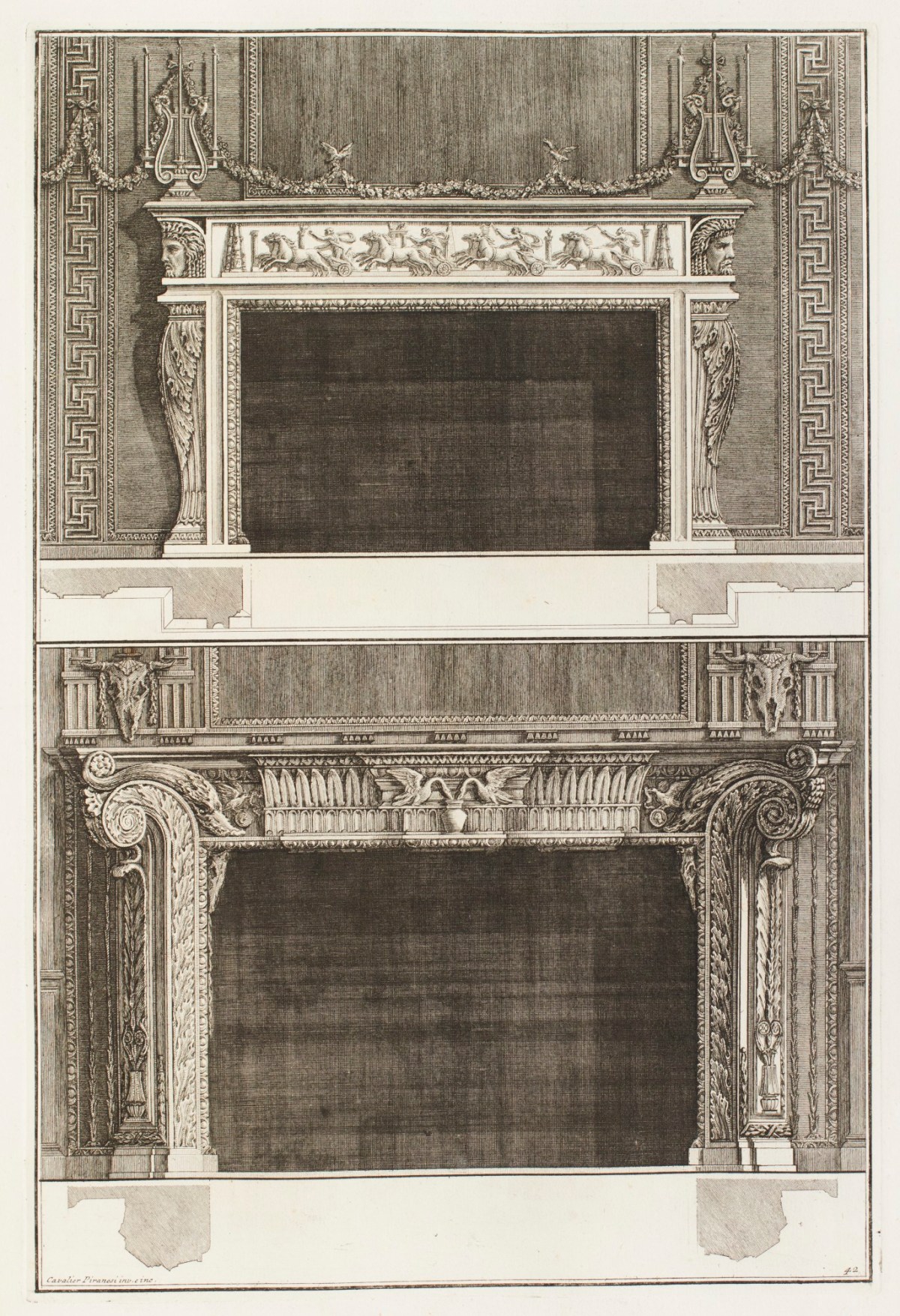 Giovanni Battista Piranesi, Designs for two chimneypieces: top with frieze of chariot riders; bottom with swan motif and foliage moulding on jambs