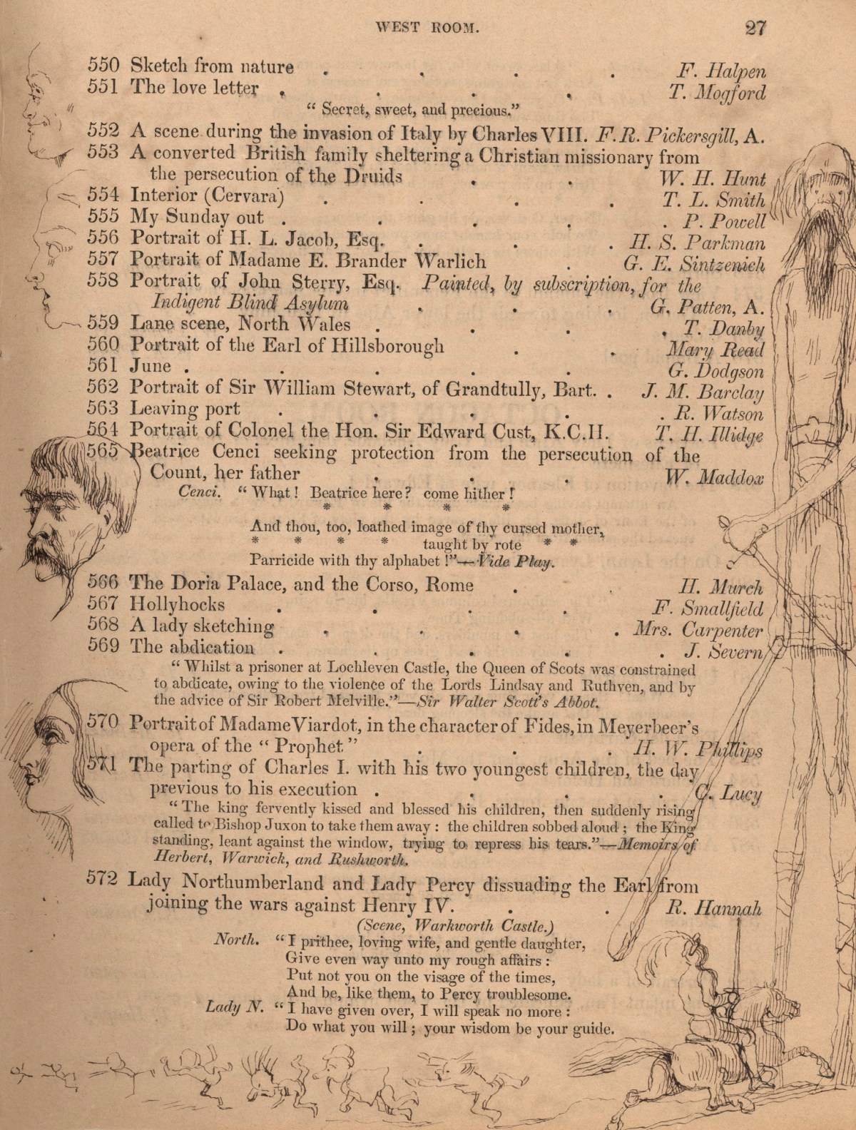 Richard Doyle, Page from the catalogue of the Royal Academy annual exhibition (1850) with drawings