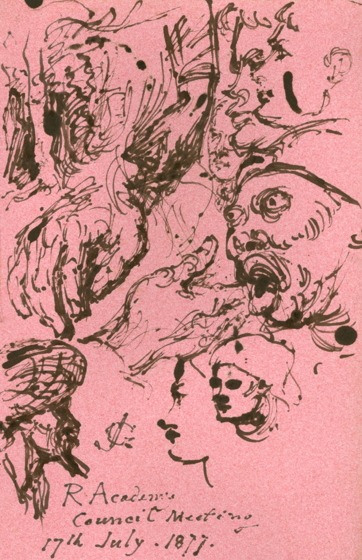 Sir John Gilbert RA, Sketches of hands and imaginary faces drawn at a Royal Academy Council meeting