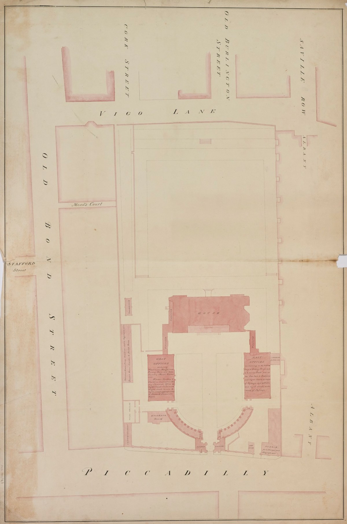 Samuel Ware, Survey drawing of Burlington House site, Piccadilly, Westminster, London: ground plan