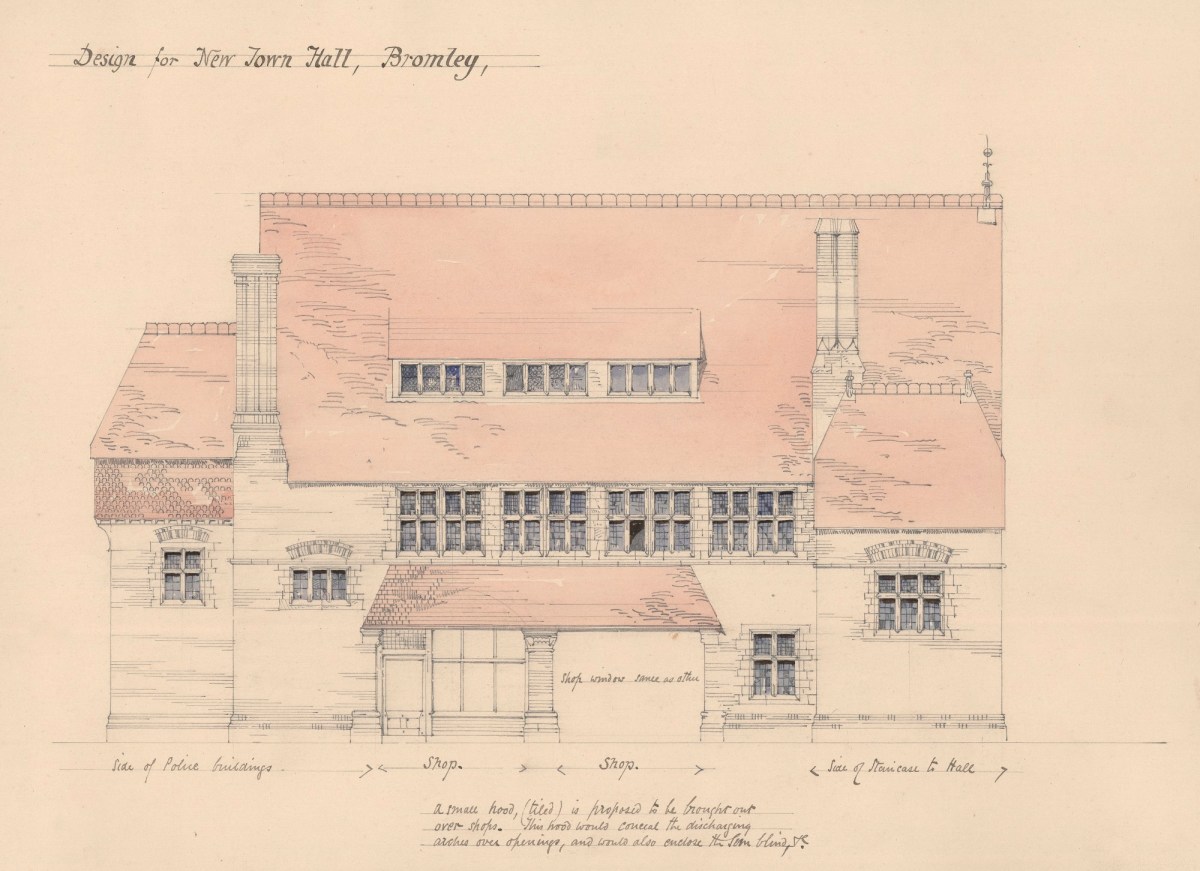 Richard Norman Shaw RA, Unexecuted design for a town hall and police station, Bromley, Kent: side elevation
