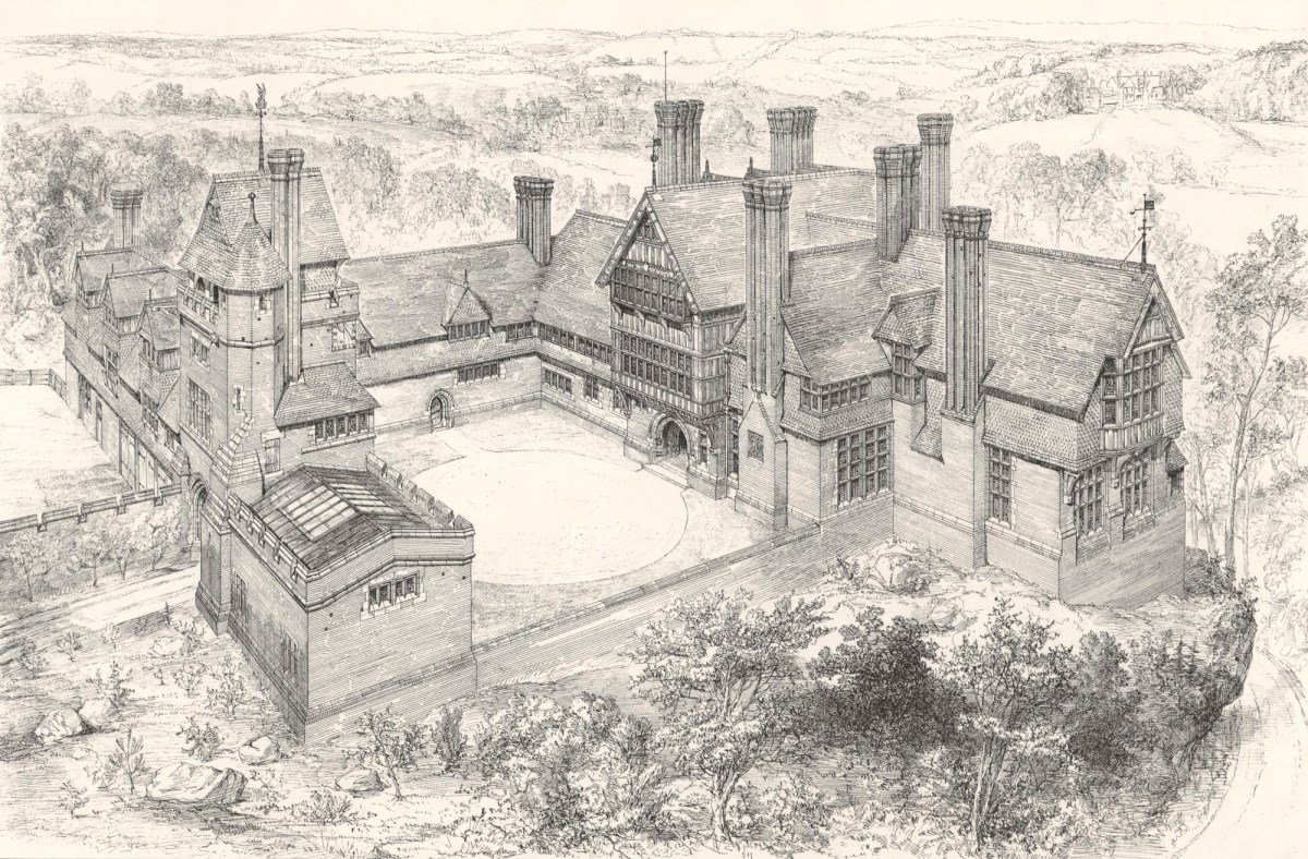 Richard Norman Shaw RA, Revised design for Leyswood, Groombridge, Sussex: bird's-eye perspective