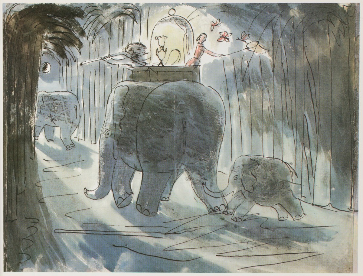 Edward Bawden RA, Lady Filmy Fern and Mr Virgin Cork travelling on an elephant
