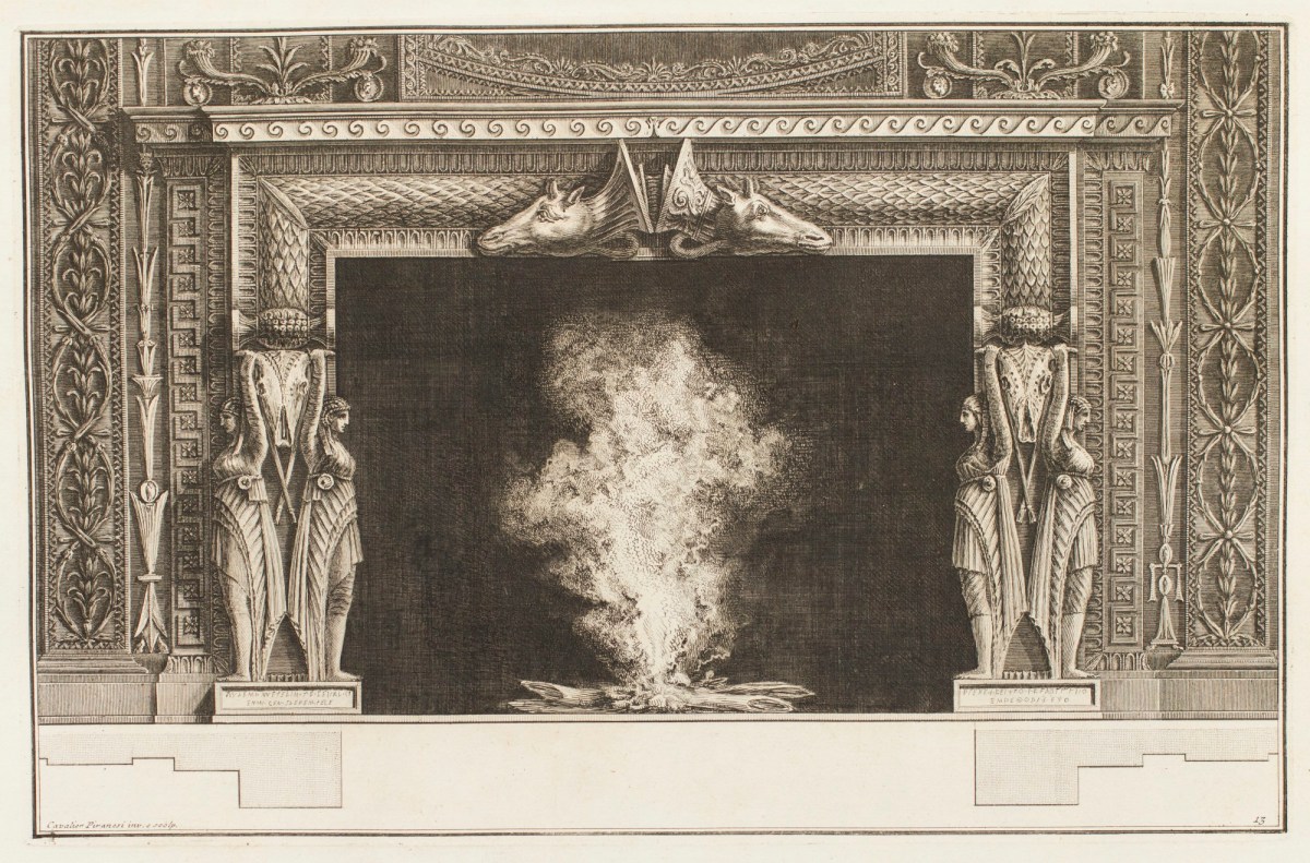 Giovanni Battista Piranesi, Design for a chimneypiece with animal head motif to centre and draped figures on each jamb