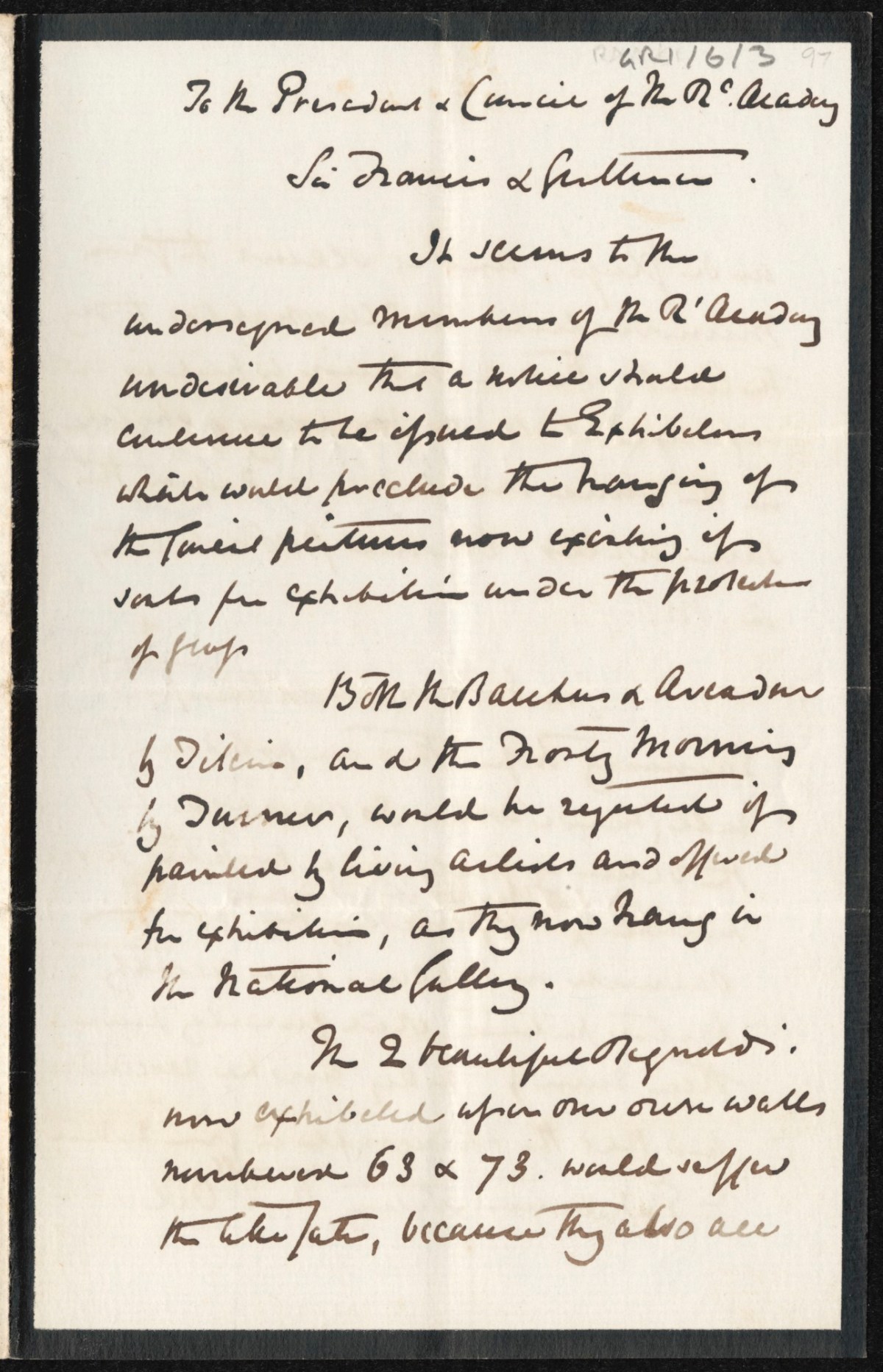 , Petition for abolition of Royal Academy rule regarding glazed works forexhibition