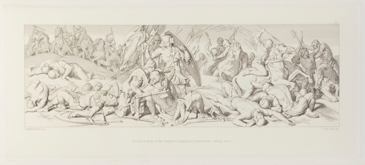 Daniel Maclise RA, Harold, in front of the standard of England, is pierced by a falling arrow
