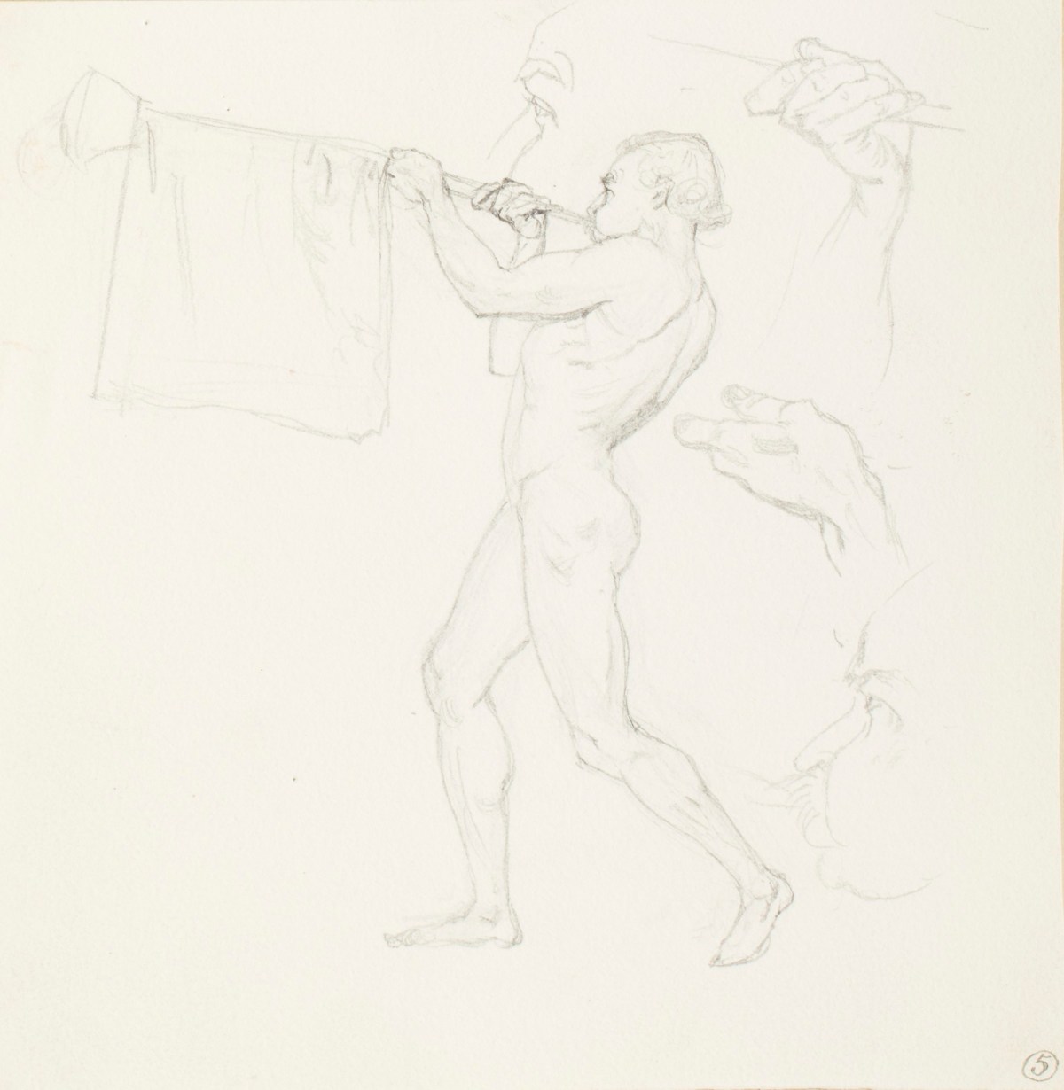 Henry Hugh Armstead RA, Studies of a male figure playing a trumpet, for the 'History of the Shirleys' reliefs