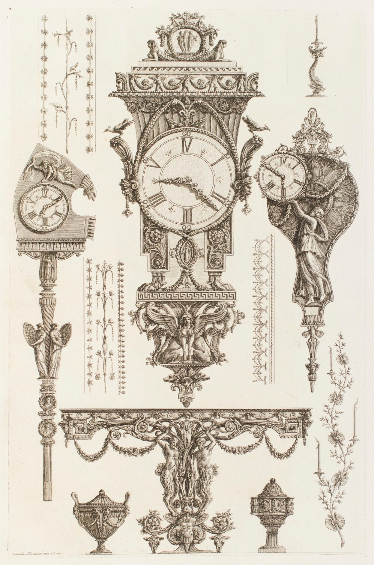 Giovanni Battista Piranesi, Designs for mantlepiece clocks, ornamentation and decorative borders