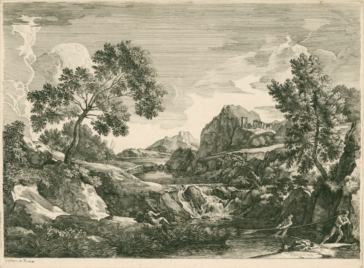 Gaspard Dughet called Gaspar Poussin, Landscape with fisherman pulling a net