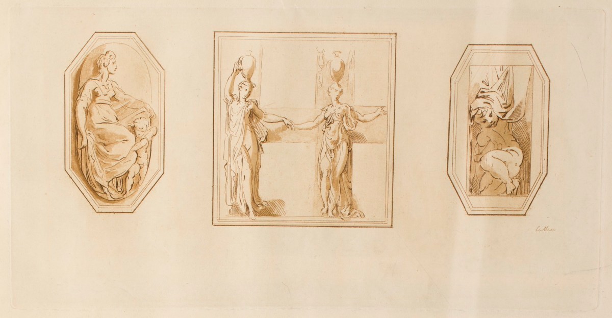 Conrad Martin Metz, Study of a figure in an architectural setting; Two women with amphorae on their heads; Kneeling child