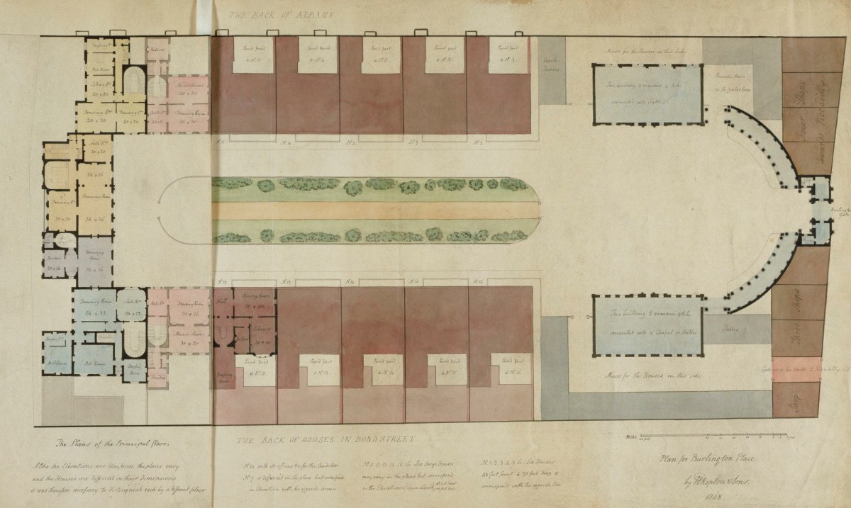 Humphry Repton and John Adey Repton, Design for 'Burlington Place', Burlington House site redevelopment, Piccadilly, Westminster, London: ground floor plan with overlay of part-plan of first floor