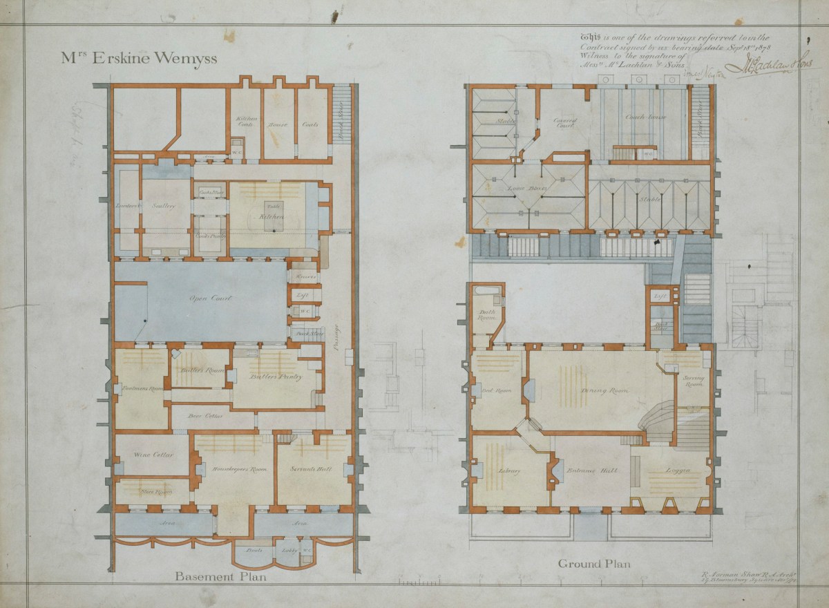 Richard Norman Shaw RA, Design for Clock House, No.8 Chelsea Embankment, London SW3: contract drawing of basement and ground floor plans