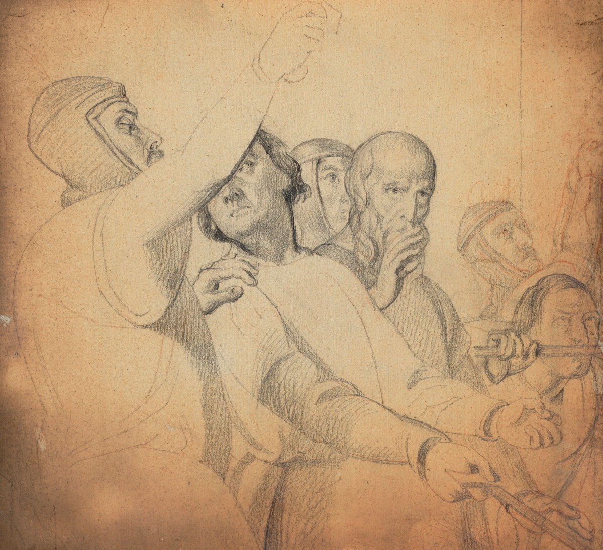 Solomon Alexander Hart RA, Drawing of figures in medieval armour, probably for 'King Richard I of England and Soldan Saladin'