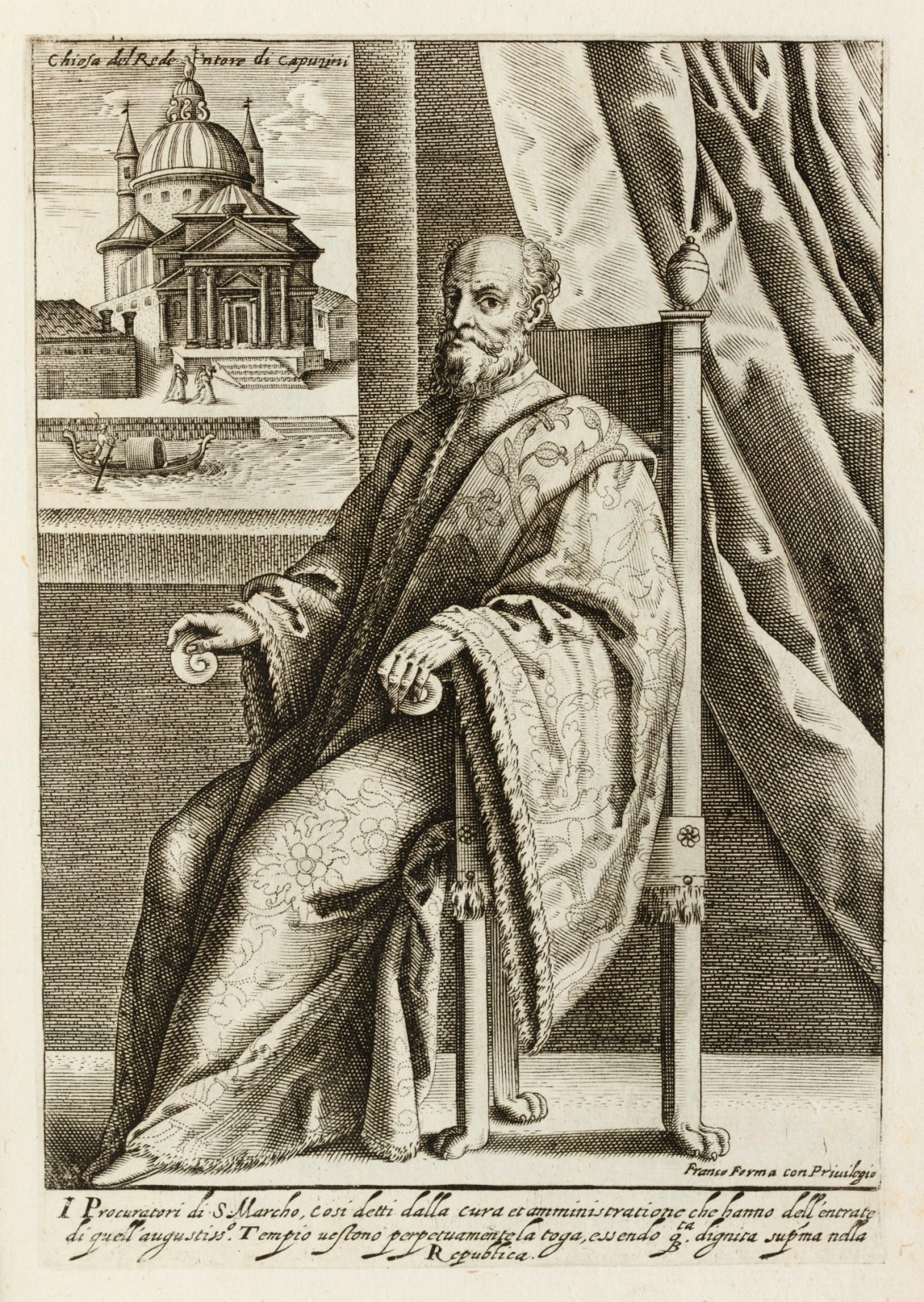 Unsigned, One of the Procuratori of San Marco seated, through the window behind him a view of the Redentore.