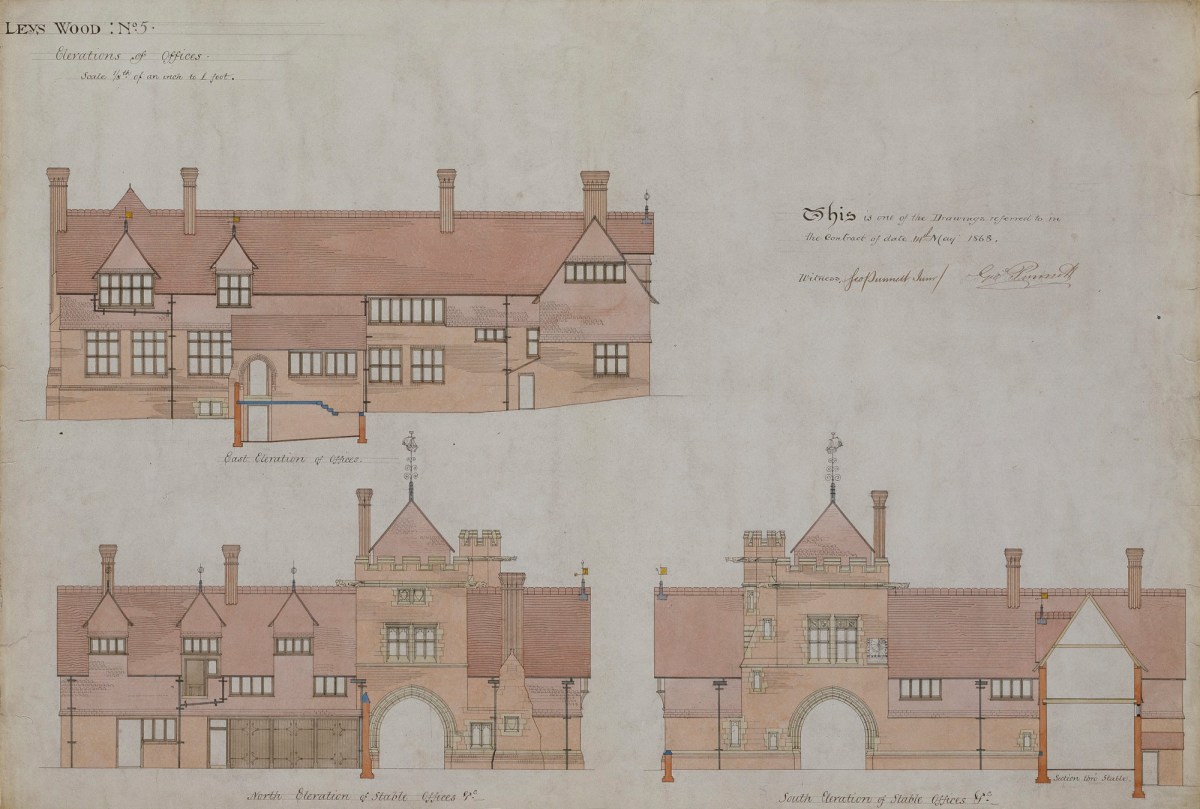 Richard Norman Shaw RA, Contract drawing for stable offices, Leyswood, Groombridge, Sussex: east elevation of offices, north elevation of stable offices and south elevation of stable offices