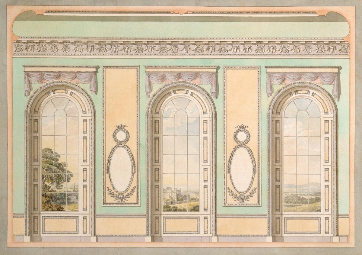 Sir William Chambers RA, Alternative design for window wall with thin piers, Queen Charlotte's Drawing Room, Windsor Castle, Berkshire: elevation
