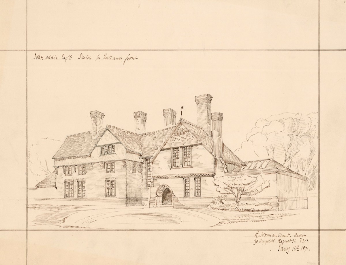 Richard Norman Shaw RA, Design for Harperbury, Radlett, Herts.: perspective sketch of entrance front