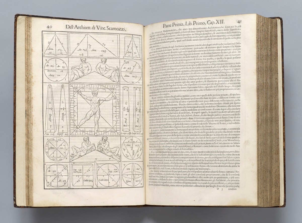 Vincenzo Scamozzi, Plane and solid geometrical figures, with at the centre Vitruvius' figure of a man within a square and circle