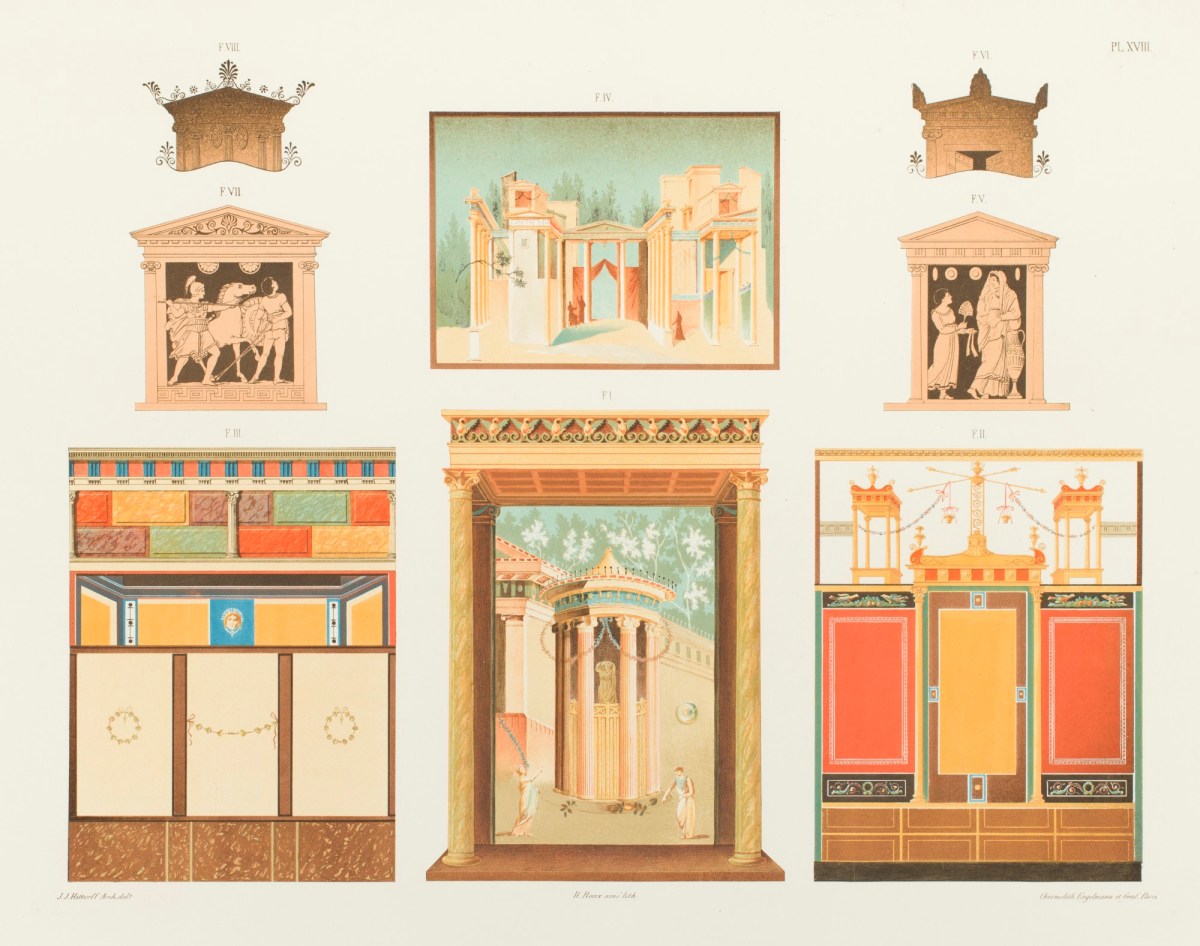 Jakob Ignaz Hittorff, Décorations en stuc, et peintres tirées de vases et de Pompéi, présentant aussi des entablements doriques placés sur des colonnes à chapiteaux à volutes ioniques et composites