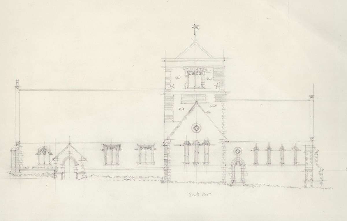 Richard Norman Shaw RA, Survey drawing of St Margaret's Church, Chipstead, Surrey: south elevation