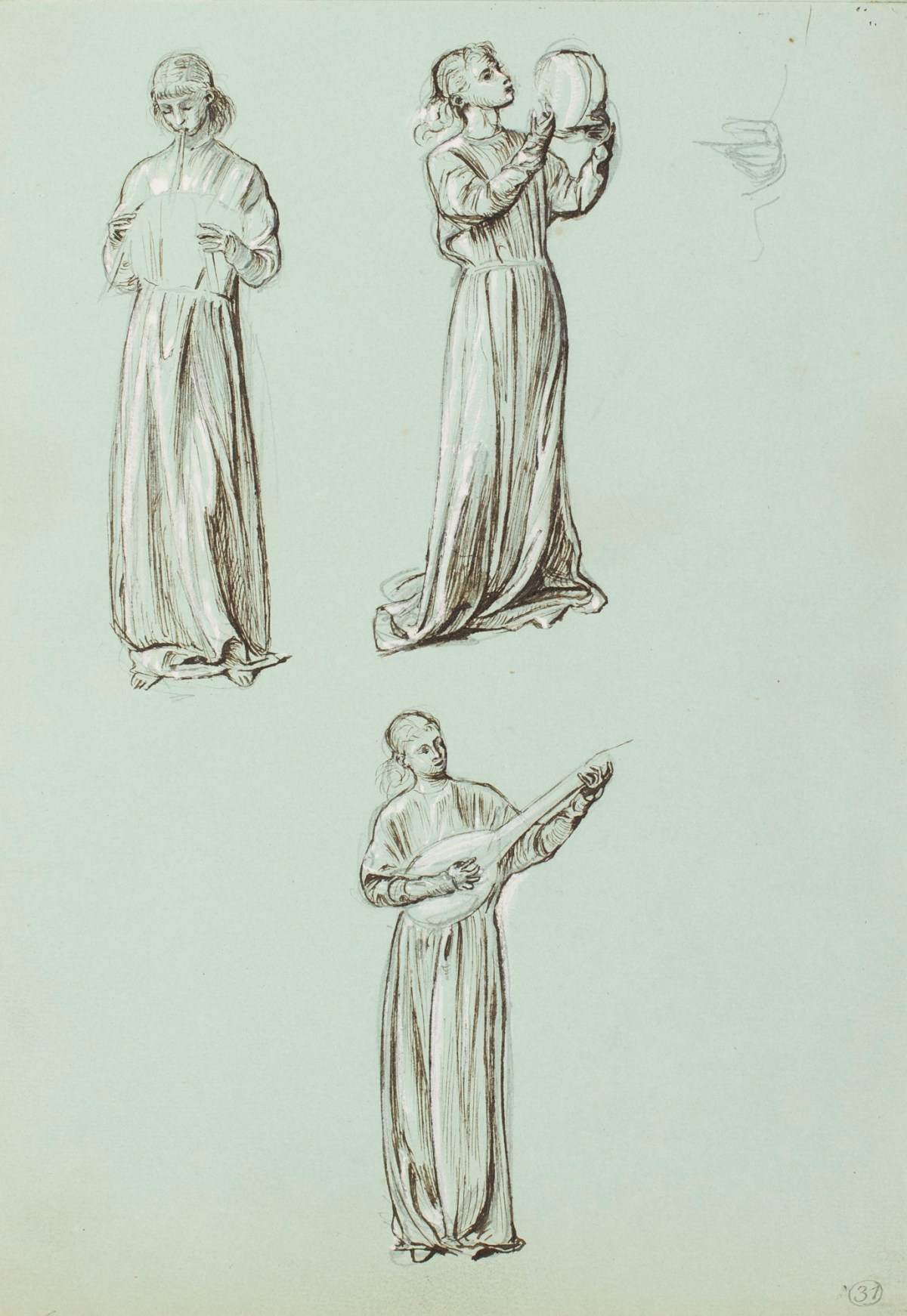 Henry Hugh Armstead RA, Three studies of girls playing musical instruments, for Llandaff Cathedral carvings