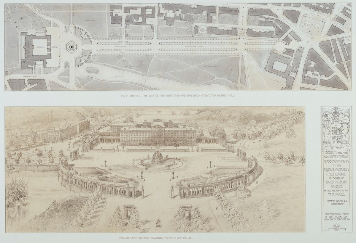 Sir Aston Webb PRA, Design for Queen Victoria Memorial, the Mall, Westminster, London: plan and aerial perspective looking towards Buckingham Palace