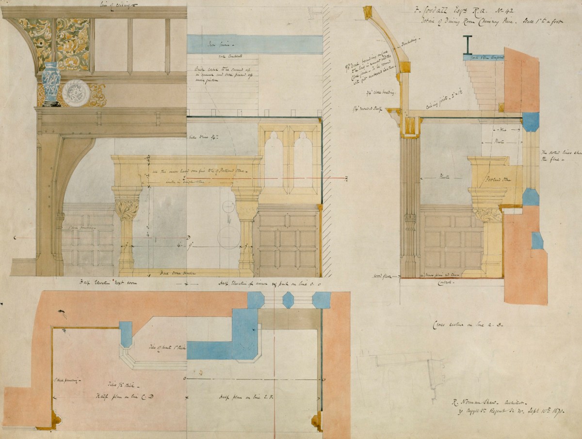 Richard Norman Shaw RA, Design for Grims Dyke, Old Redding, Harrow Weald, London: details of dining-room chimney-piece