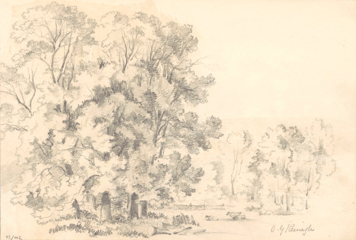 Oriana Georgiana Reinagle, Flat landscape with trees on the left